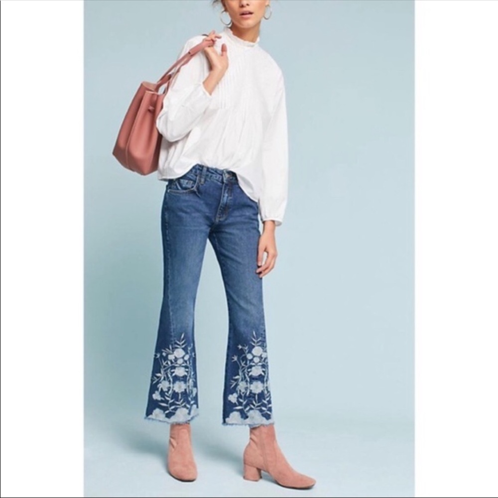 Anthro Pilcro and the Letterpress Floral Embroidered Hi-Rise Flare Jeans SZ 30